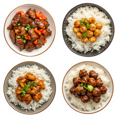 set of plates of food with meat and white rice