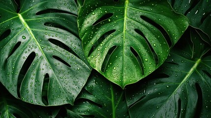 Lush green monstera leaves with water droplets.