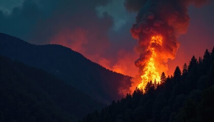 Fototapeta premium Towering flames illuminating a darkened forest canopy, blaze, heat haze, smoke