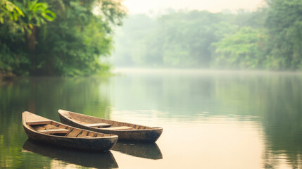 Obraz premium Two wooden boats gently float on a calm, misty lake, surrounded by lush green vegetation. Serene and tranquil.