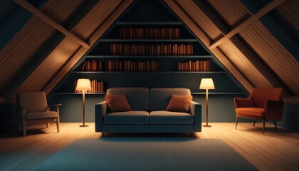 Literacy and world book day concept. Cozy attic living space with a sofa, warm lighting, and bookshelves, creating a serene atmosphere.