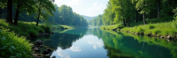 Abgestorbene Schilfreste in blauer Gew?ssergr??e am Abfluss, lake landscape, vegetation, decay