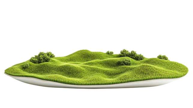 Floating island with lush green grass and trees on transparent background