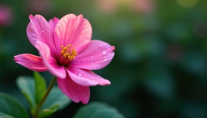 A single pink flower with intricate details on its petals and glistening droplets of dew, bloom, botanical, pink flower