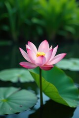 Obraz premium A single lotus flower blooming in the shallow waters of a pond, greenery, peaceful, pond
