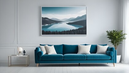 Interior mockup In a white room a blue sofa is placed next to a photo frame on the wall
