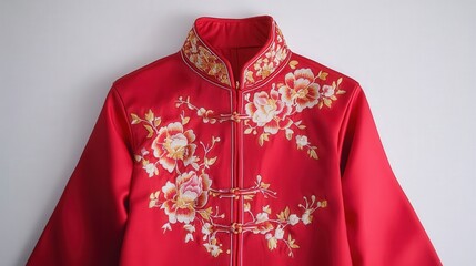 red cheongsam with golden floral embroidery, displayed flat on a crisp white background