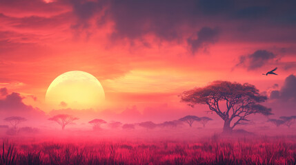 Obraz premium Serene sunset over the African savanna. A single bird flies across the vibrant sky as the sun sets behind the acacia trees.