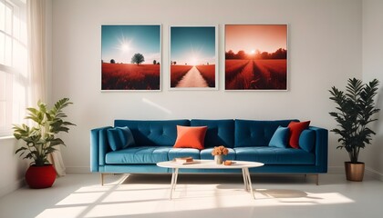 Interior mockup In a white room a blue sofa is placed next to a photo frame on the wall
