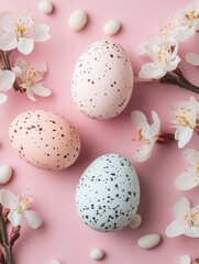 Fototapeta premium Three speckled eggs adorned with colorful flowers rest on a soft pink surface, embodying the spirit of Easter and springtime celebration.
