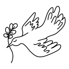 bird with green leave. vector doodle outline 
 illustration