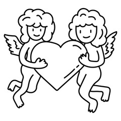 cupids holding heart. vector doodle outline  illustration