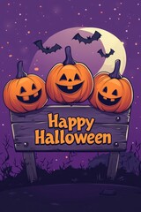 Fototapeta premium Happy Halloween Jack o lantern Pumpkins Bats Moon Night Scene
