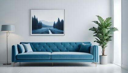 Interior mockup In a white room a blue sofa is placed next to a photo frame on the wall
