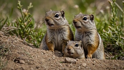 Fototapeta premium Peeking Out: A Northern Idaho Squirrel Family in Their Den