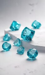 Shimmering aquamarines on an immaculate white backdrop, shine, gemstones, glint