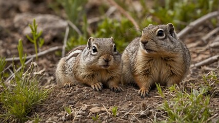 Obraz premium Squirrel Sanctuary: A Family Peeking from Their Northern Idaho Burrow