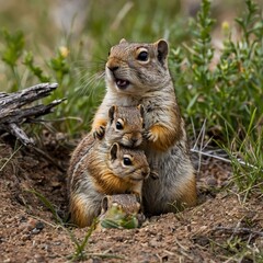 Fototapeta premium Inquisitive Kin: A Northern Idaho Squirrel Family at Their Burrow