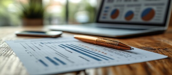 Obraz premium Financial report with pen, charts, and laptop on desk.