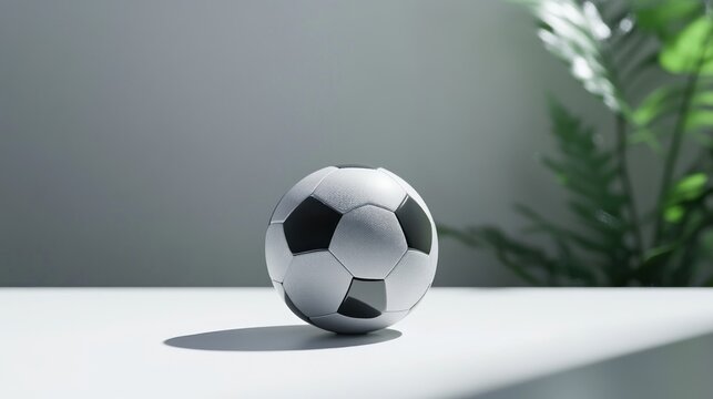 Soccer ball on table, indoor, plant background, sports promotion