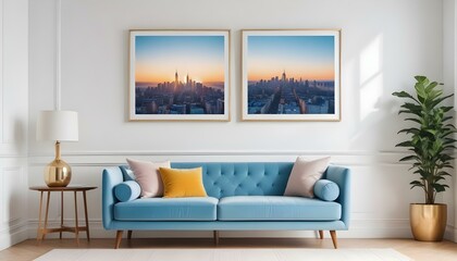 Interior mockup In a white room a blue sofa is placed next to a photo frame on the wall
