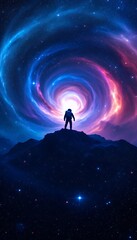 Fototapeta premium Astronaut Silhouetted Against a Colorful Nebula Formation with Stars in Deep Space