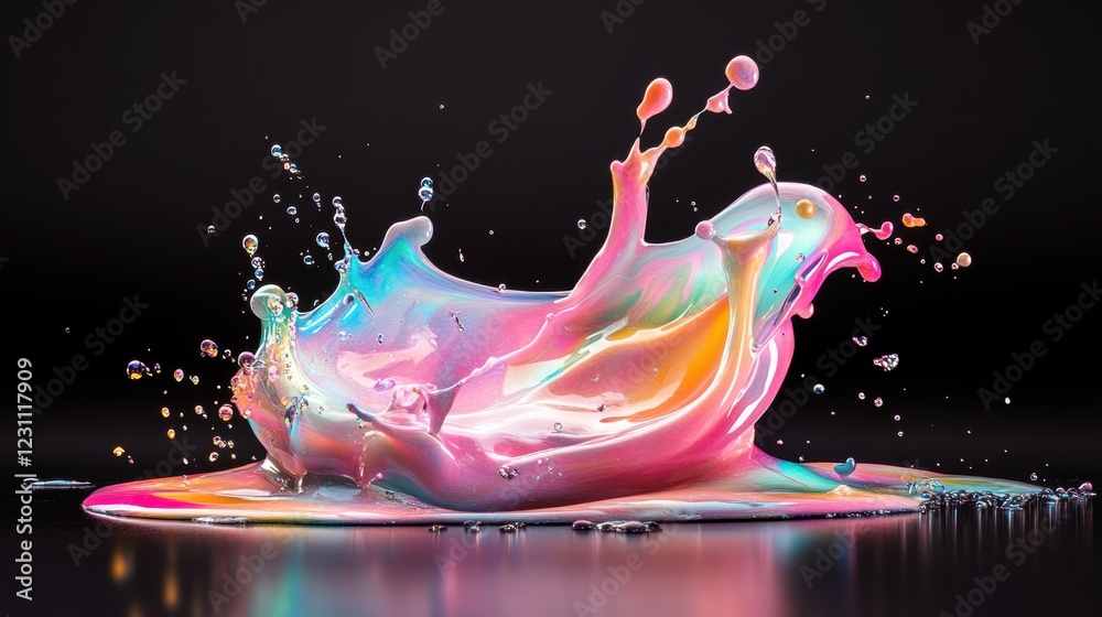 Poster colorful liquid splash creating vibrant patterns against a black background in dynamic motion