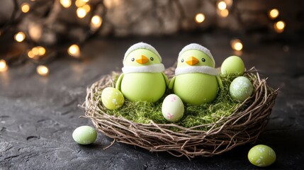 Obraz premium Two vibrant green birds are perched in a cozy nest surrounded by colorful eggs, symbolizing new life and the joy of Easter.