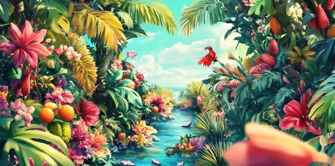 Lush Tropical Paradise Scene With Parrot And Stream