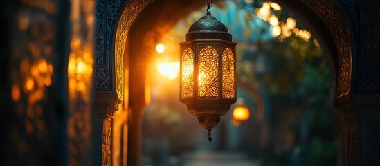 Lantern glows in arched passage, sunset