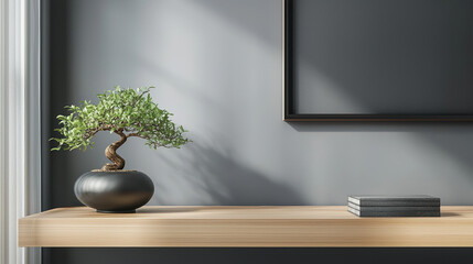 A minimalist desk, with a modern vase with Bonsai tree.