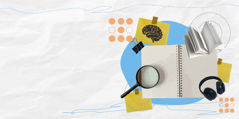 Engaging collage of a notebook and headphones with a brain graphic, perfect for study themes, vector illustration