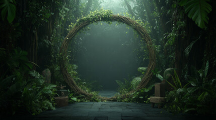 Mystical circular archway in a lush, green jungle setting. A path leads into the mysterious depths.