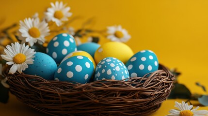 Fototapeta premium A vibrant basket filled with blue and yellow eggs, surrounded by cheerful daisies, embodies the festive spirit of Easter celebrations.