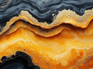 Fototapeta premium Abstract fluid art with golden accents and flowing dark waves, creating a textured background pattern