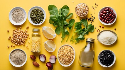bowls of grains, beans, and leafy greens is set against a bright yellow background representation of  Healthy Lifestyle