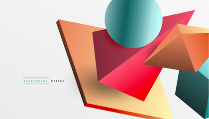 Abstract design showcasing isometric cubes, pyramids, squares, and spheres in a vibrant 3D layout. Modern and dynamic, perfect for tech, design, or futuristic themes