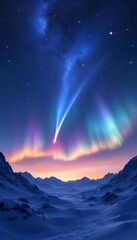 Breathtaking Aurora Borealis Over Snow-Capped Mountains at Dusk With Stars Illuminating the Sky
