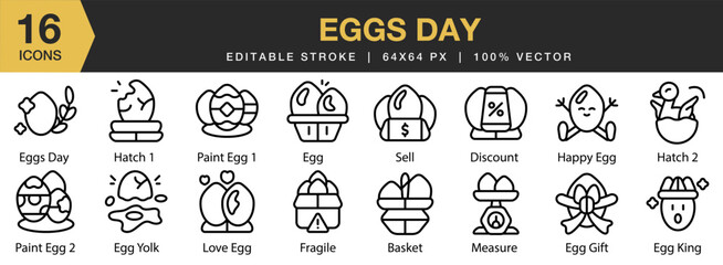 Eggs Day icon set. Editable Stroke Icon Collection. Includes egg, healthy, organic, food, protein, and More. Outline icons vector collection.