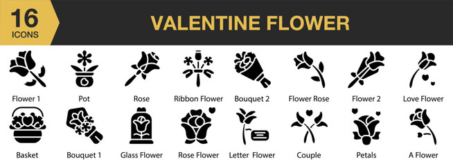 Valentine Flower solid icon set. Includes wedding, floral, gift, heart, invitation, and More. Solid icons vector collection.