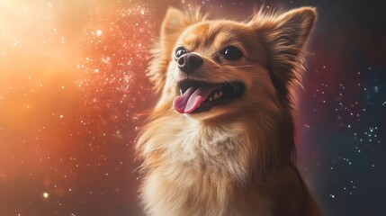 A playful, fluffy dog sitting with tongue out, against a sparkling cosmic background.