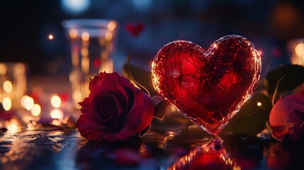 Crimson heart and roses glow softly.