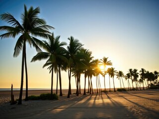 Obraz premium Palm trees standing tall along a vast expanse of sandy beach, with the sun casting a warm glow on the horizon, beach, sand, tropical