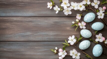 Obraz na płótnie Canvas Three colorful eggs are nestled next to a flowering branch, symbolizing the joy and renewal of Easter celebrations.