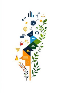 A colorful image with many different shapes and symbols, including a tree
