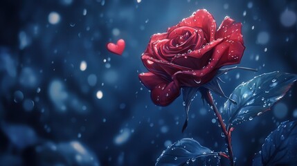 romantic painting of a rose with dew drops on its petals, capturing the freshness and beauty of love, perfect for Valentine's Day celebrations