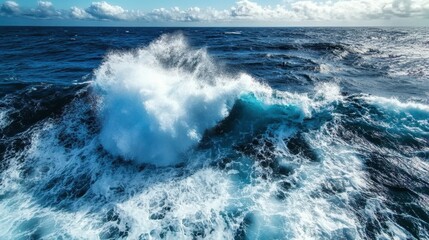 Fototapeta premium Wave crashing into the ocean creating splashes and foam in a vibrant blue sea