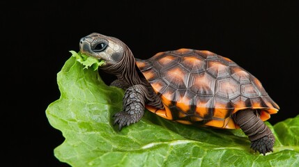 Obraz premium Baby Turtle Eating Green Leaf on Black Background