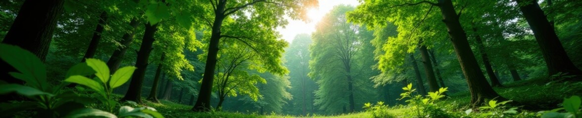 Fototapeta premium Dappled light filtering through the forest canopy, overcast sky, vertical perspective, undergrowth