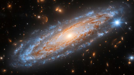 Obraz premium A spiral galaxy with swirling arms of orange and blue, lots of stars